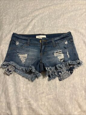 Vintage Havana Low Rise Distressed Denim Shorts with Bandana Lining - Blue